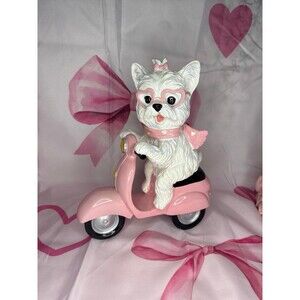 ADORABLE Valentines White Terrier w/heart-shaped glasses on pink Vespa scooter